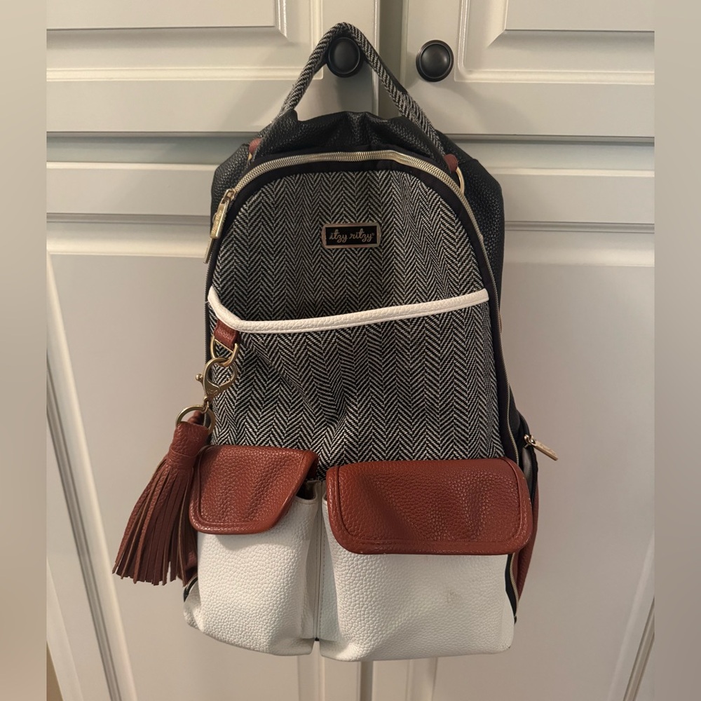 Itzy Ritzy Black and White Herringbone Backpack with Brown Accents